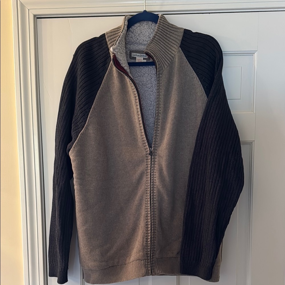 Brown and Black Zip Up Sweater with Sporty Design